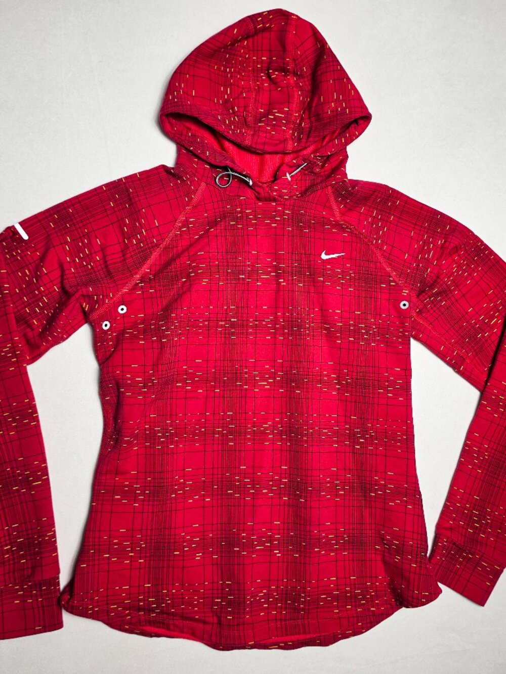 Nike Dri-Fit Running Hoodie Pullover womens Plaid Coral Pink Black Vented Medium